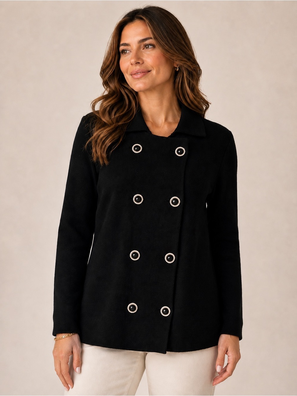 Bloomingdale’s Black Double Breasted Knit Jacket Rhinestone Buttons Size PL
